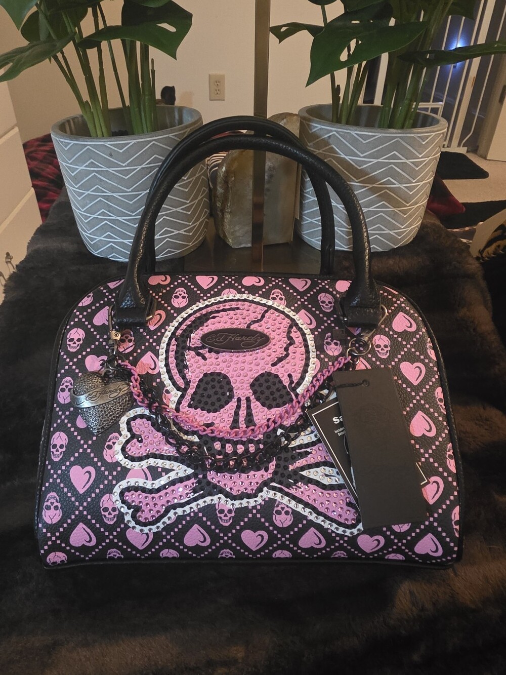 ED HARDY SM Pink Skull & Crossbones Satchel Handbag - Picture 10 of 11